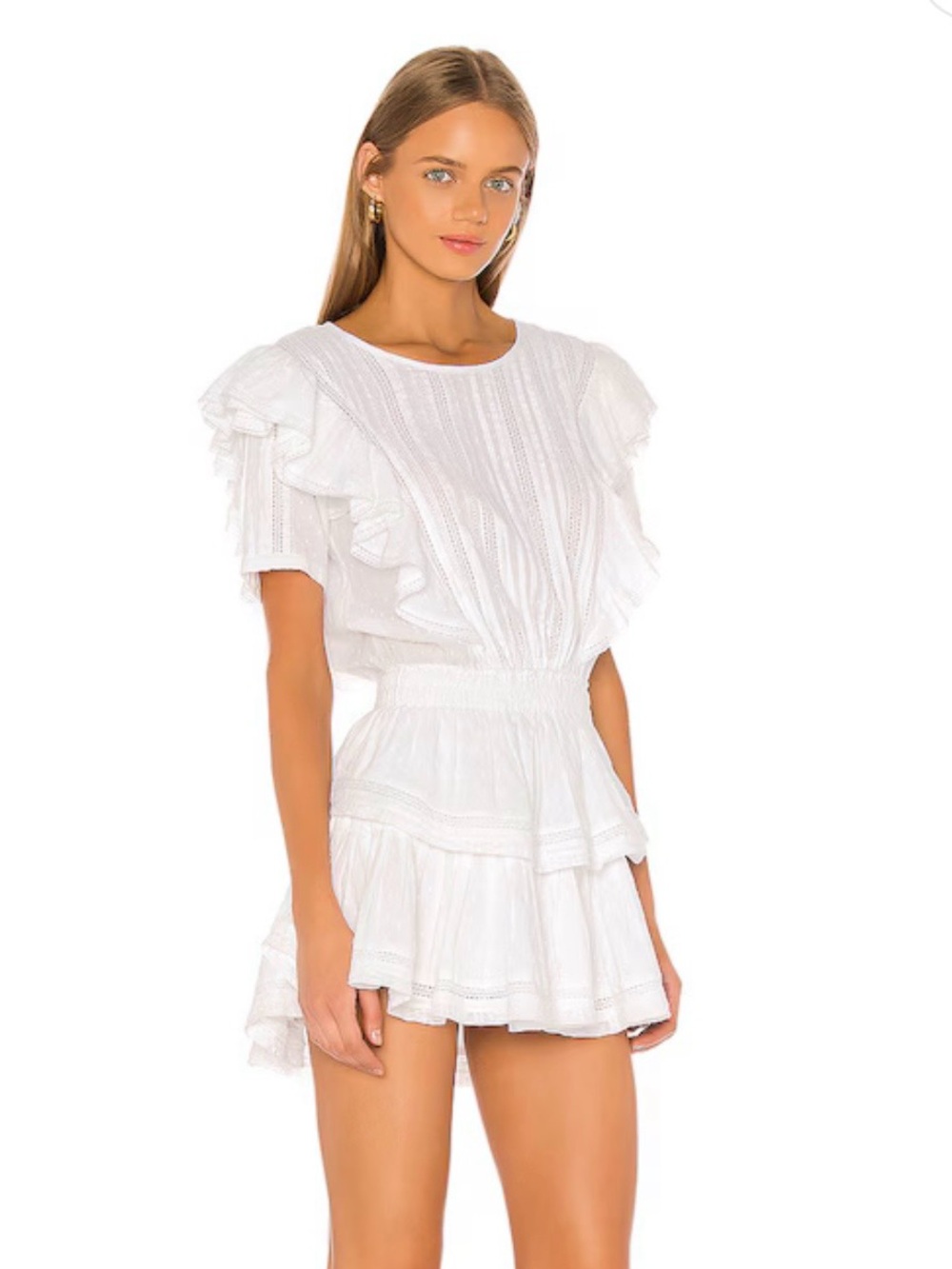 LoveShackFancy- Natasha Double Ruffled Flutter Sleeve White Mini Dress. Size: XS - Picture 3 of 10